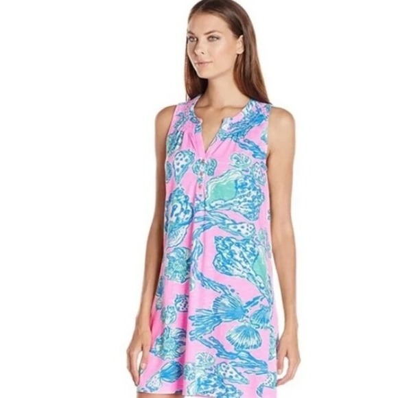 Lilly Pulitzer Eassie Bearfoot Princess‎ Dress Pink Blue Shell Print  XS - Picture 1 of 9